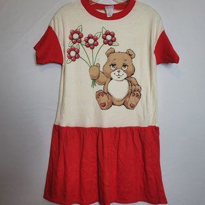 Vintage Girls Dress KLL Teddy Bear Poly Cotton Blend Size 14.5 Red